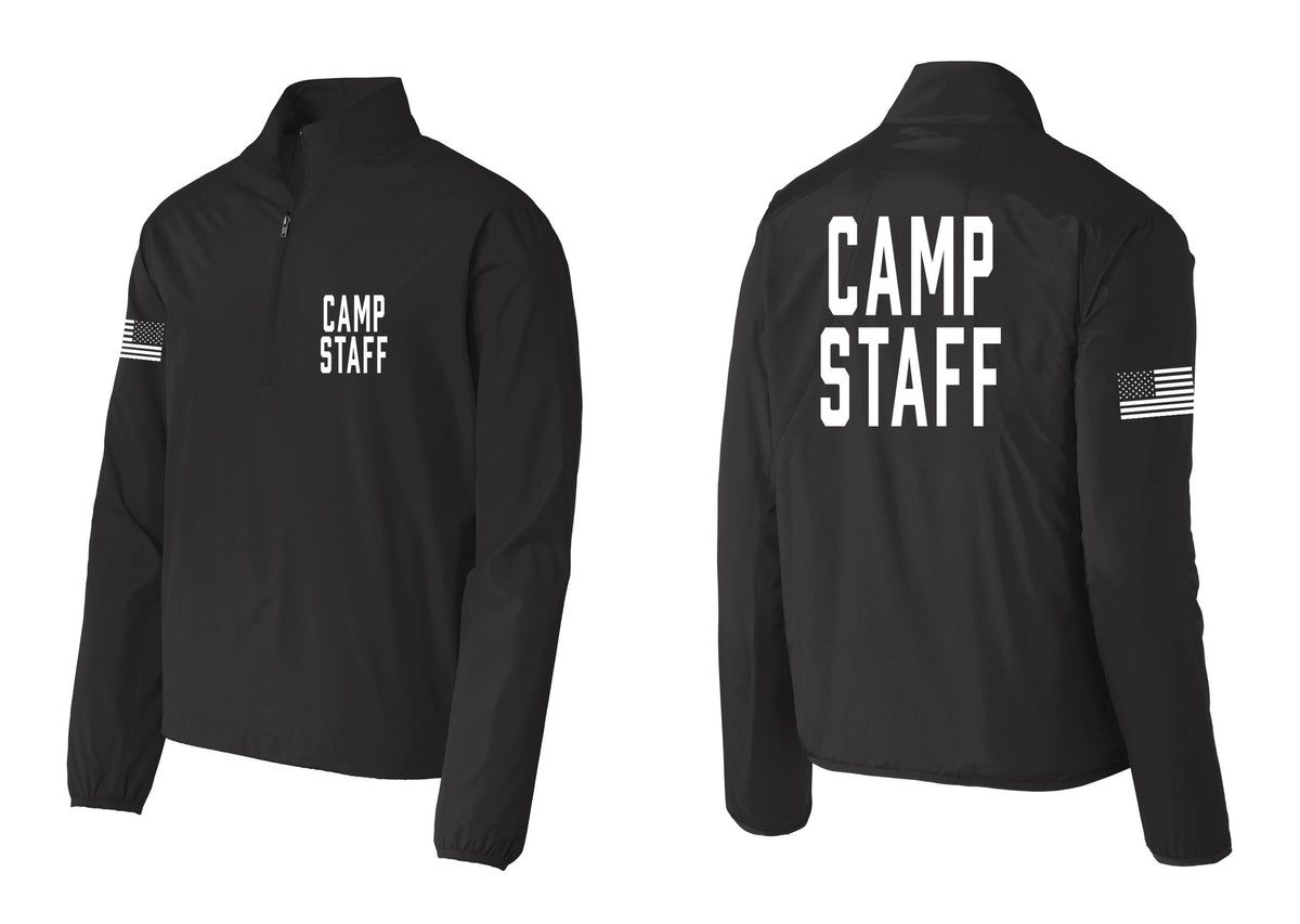 NYC Factory Camp Staff Windbreaker 1/2-Zip Pullover (Classic) - Chest + Back + US Flag Sleeve - Black