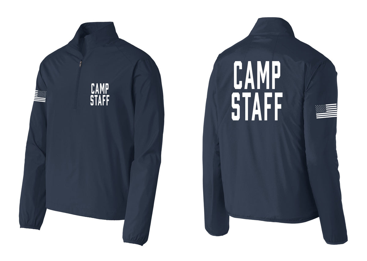 NYC Factory Camp Staff Windbreaker 1/2-Zip Pullover (Classic) - Chest + Back + US Flag Sleeve - Dress Blue Navy