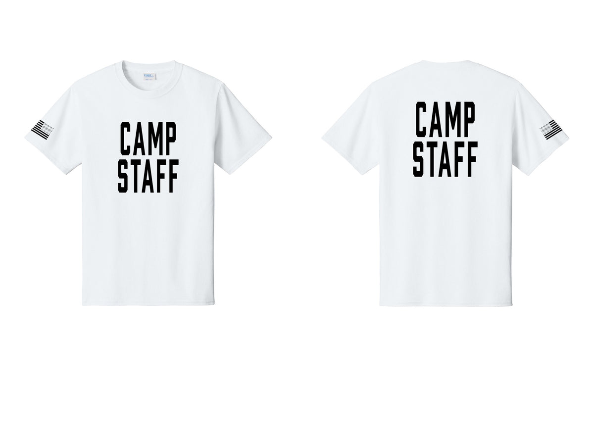 NYC Factory Unisex Camp Staff Classic T-Shirt - Front + Back + US Flag Sleeve - White
