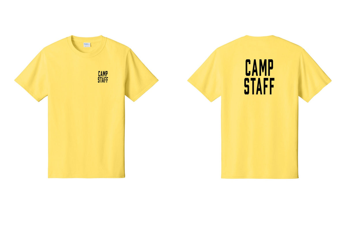 NYC Factory Camp Staff T-Shirt, Condensed Lettering - Chest + Back - Yellow