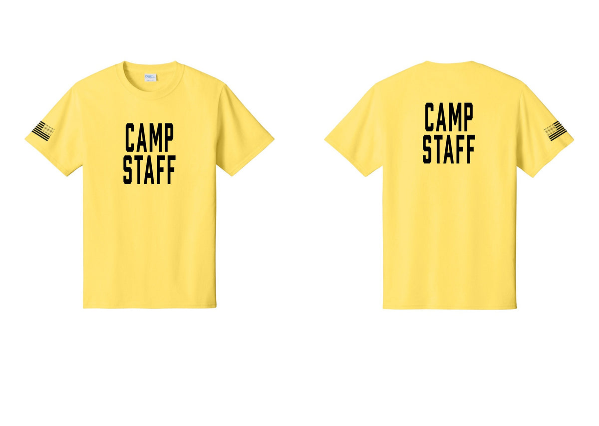 NYC Factory Camp Staff T-Shirt, Condensed Lettering - Front + Back + US Flag Sleeve - Yellow