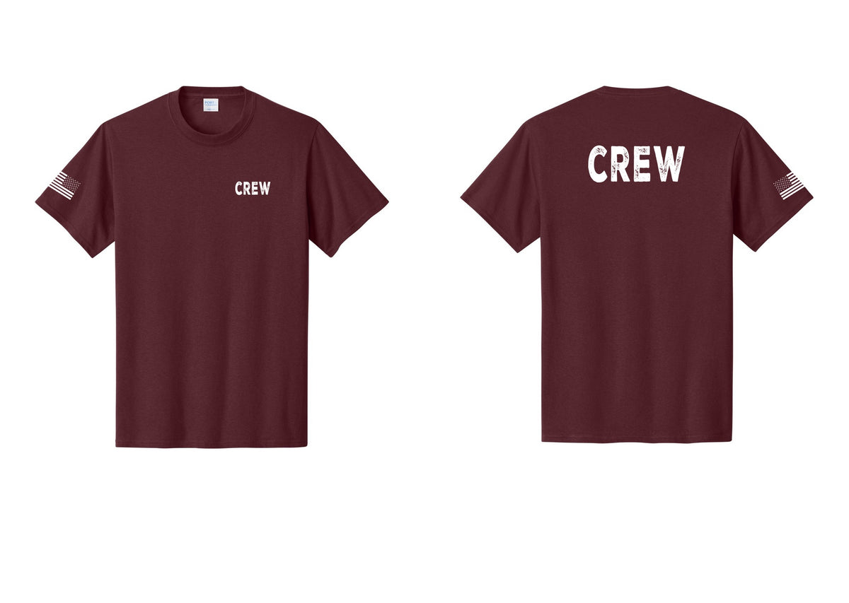 NYC Factory Crew T-Shirt, Rustic Lettering - Chest + Back + US Flag Sleeve - Athletic Maroon