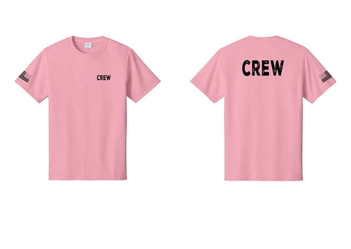 NYC Factory Crew T-Shirt for Event Staff & Production Teams (Rustic) - Chest + Back + US Flag Sleeve - Candy Pink