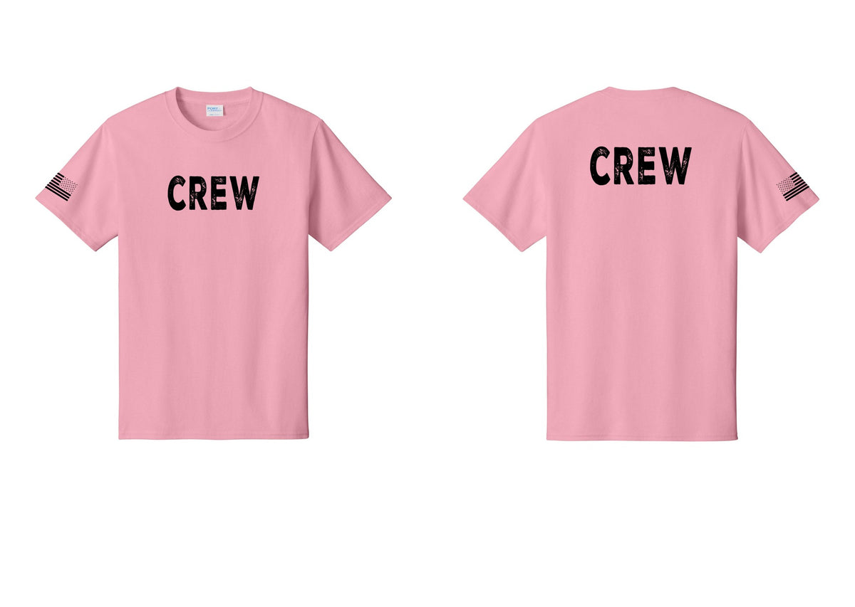 NYC Factory Crew T-Shirt for Event Staff & Production Teams (Rustic) - Front + Back + US Flag Sleeve - Candy Pink