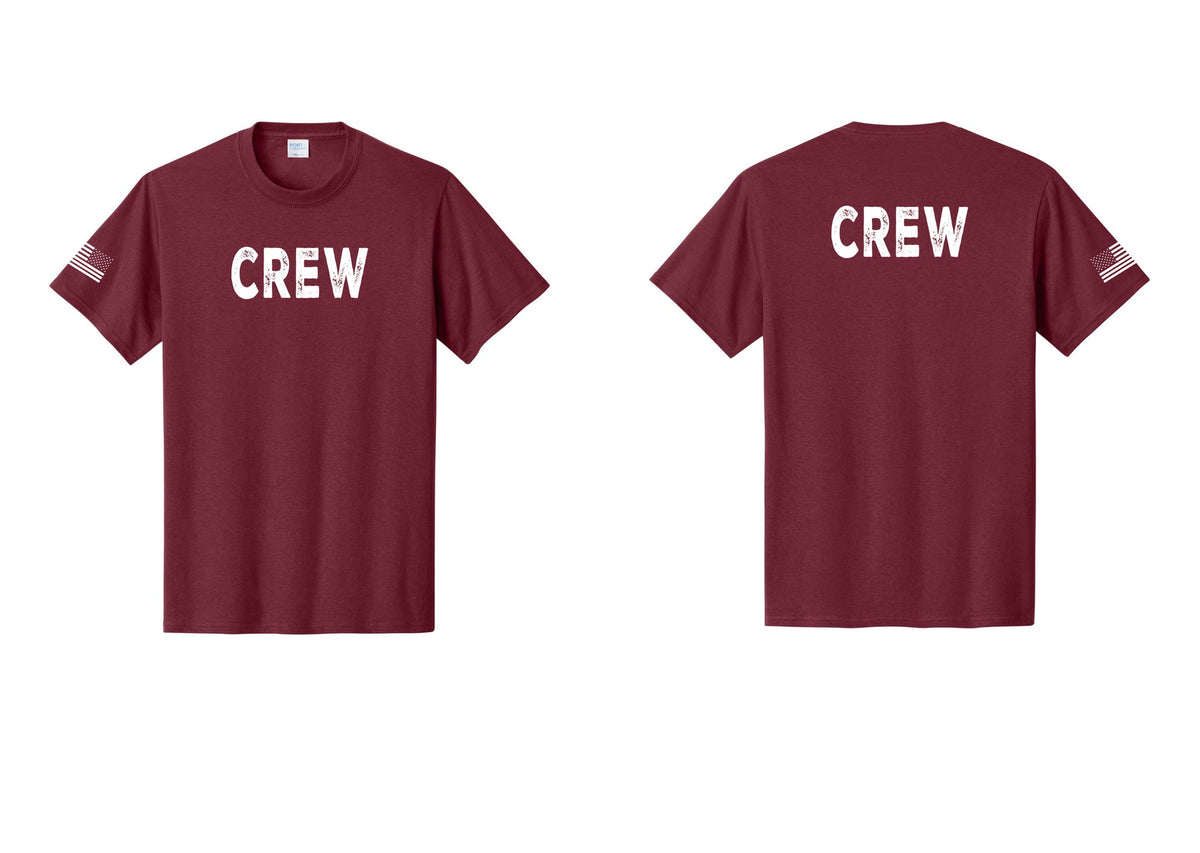 NYC Factory Crew T-Shirt, Rustic Lettering - Front + Back + US Flag Sleeve - Cardinal