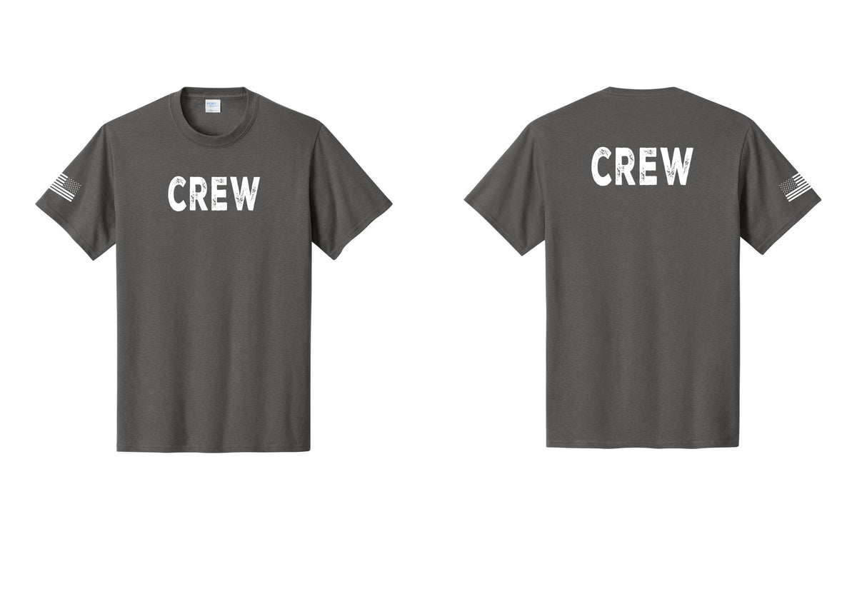 NYC Factory Crew T-Shirt for Event Staff & Production Teams (Rustic) - Front + Back + US Flag Sleeve - Charcoal