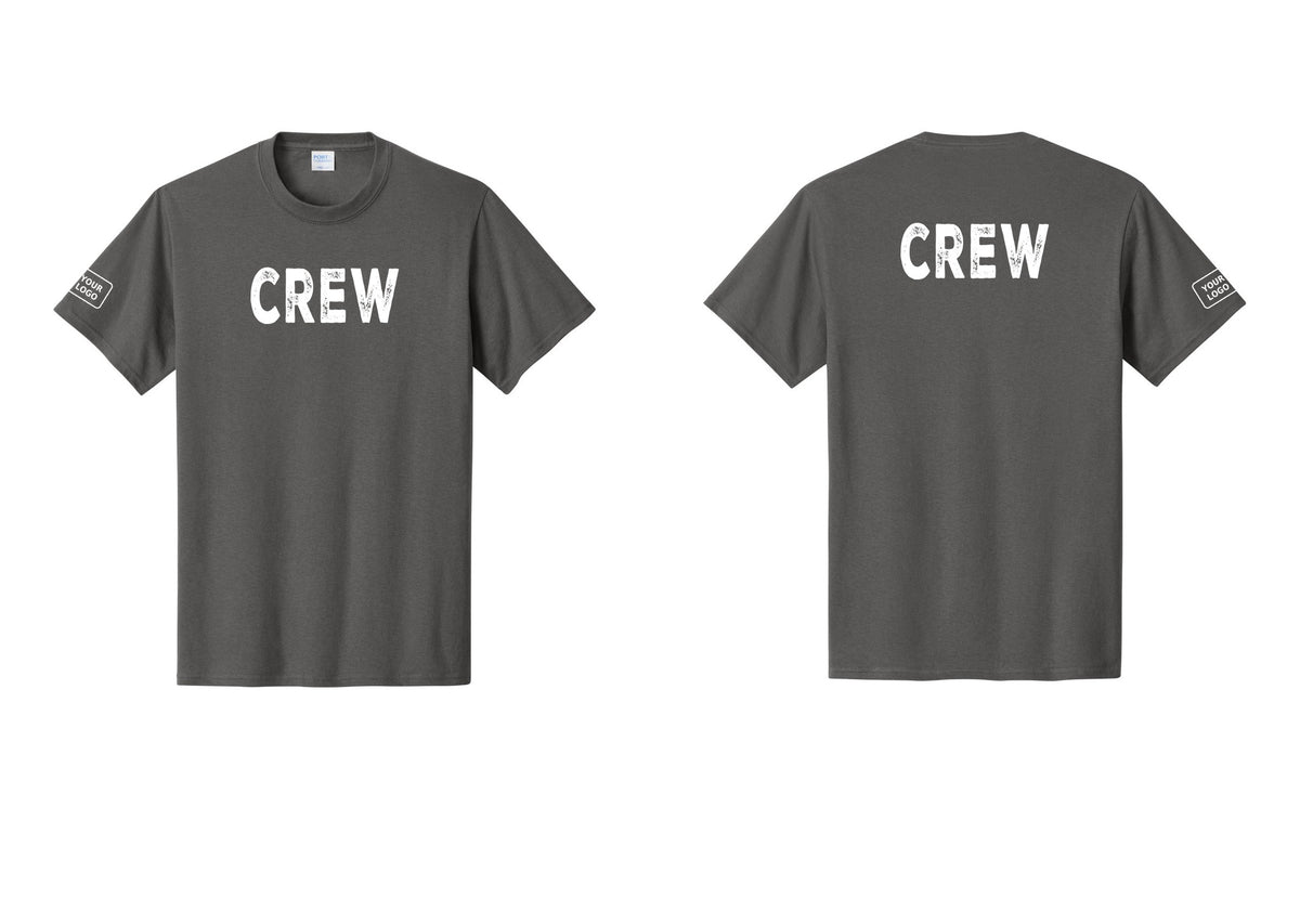 NYC Factory Custom Logo Crew T-Shirt, Rustic Lettering - Front + Back + Your Logo Sleeve - Charcoal