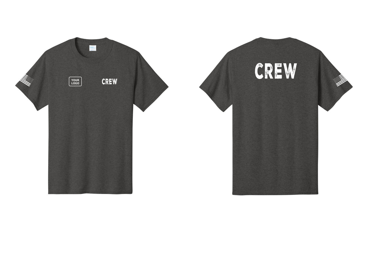 NYC Factory Custom Logo Crew T-Shirt, Rustic Lettering - CREW + Your Logo + Back + US Flag Sleeve - Dark Heather Grey