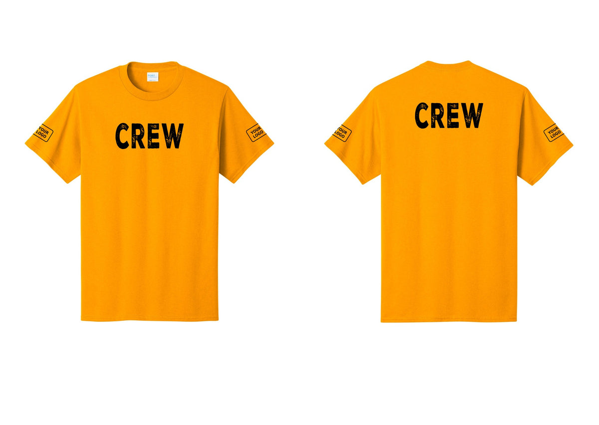 NYC Factory Custom Logo Crew T-Shirt, Rustic Lettering - Front + Back + Your Logo Sleeves - Gold
