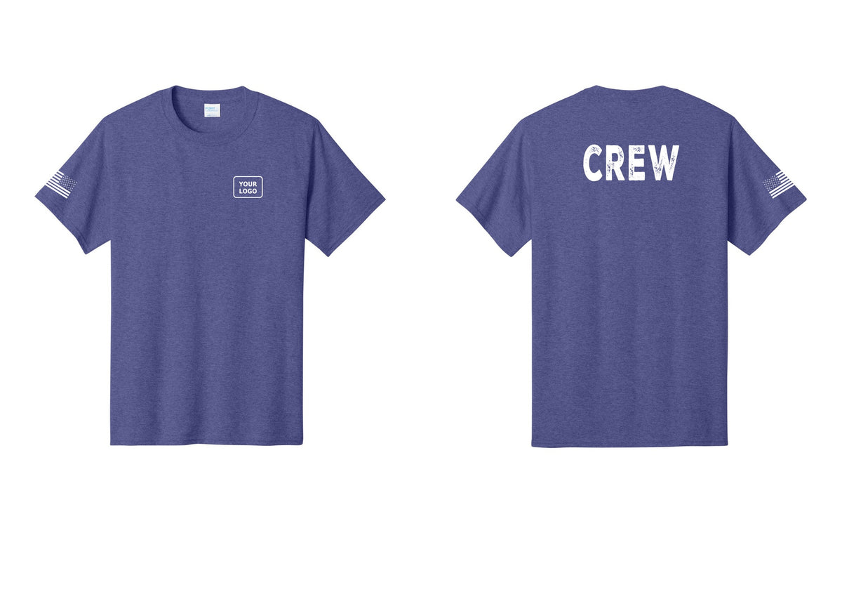 NYC Factory Custom Logo Crew T-Shirt, Rustic Lettering - Your Logo + Back + US Flag Sleeve - Heather Purple
