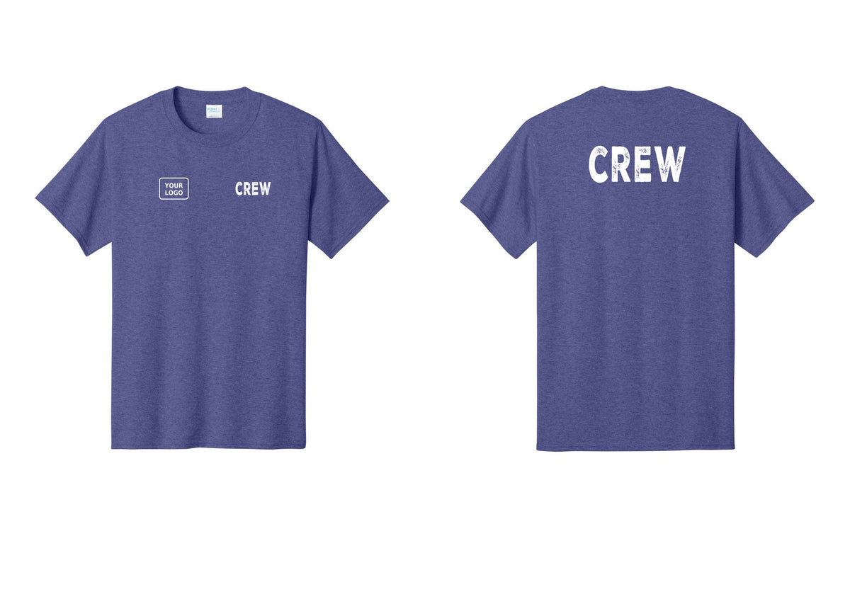 NYC Factory Custom Logo Crew T-Shirt, Rustic Lettering - CREW + Your Logo + Back - Heather Purple