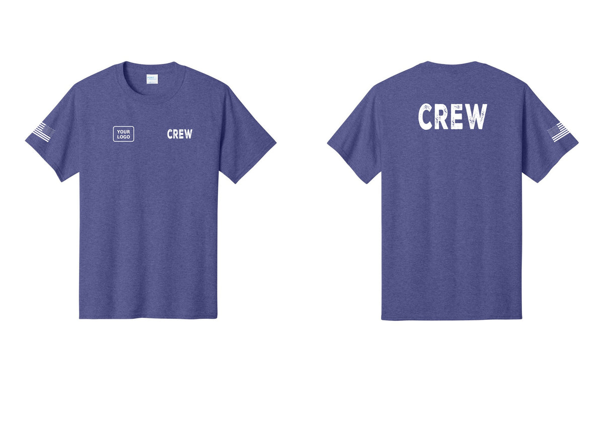 NYC Factory Custom Logo Crew T-Shirt, Rustic Lettering - CREW + Your Logo + Back + US Flag Sleeve - Heather Purple
