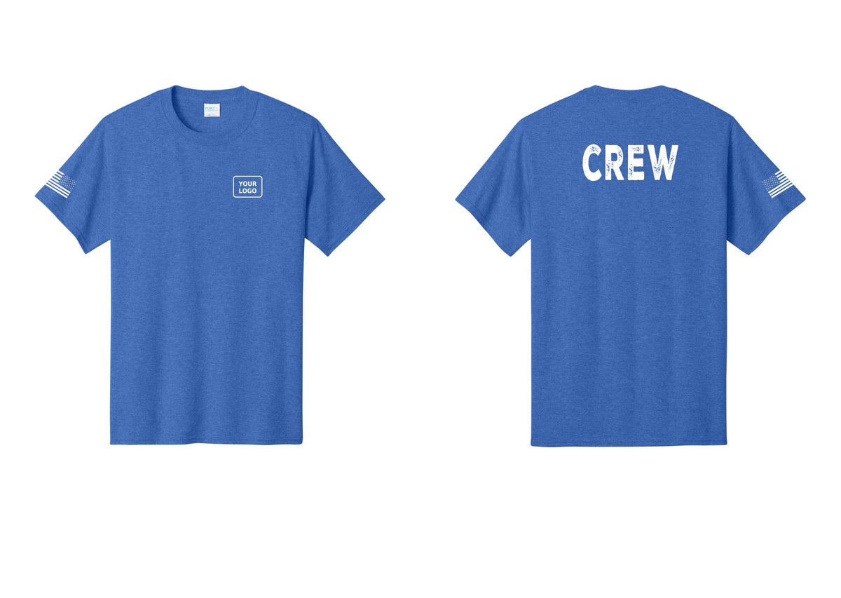 NYC Factory Custom Logo Crew T-Shirt, Rustic Lettering - Your Logo + Back + US Flag Sleeve - Heather Royal