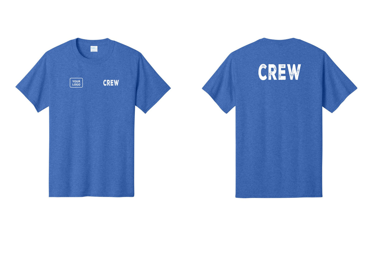 NYC Factory Custom Logo Crew T-Shirt, Rustic Lettering - CREW + Your Logo + Back - Heather Royal