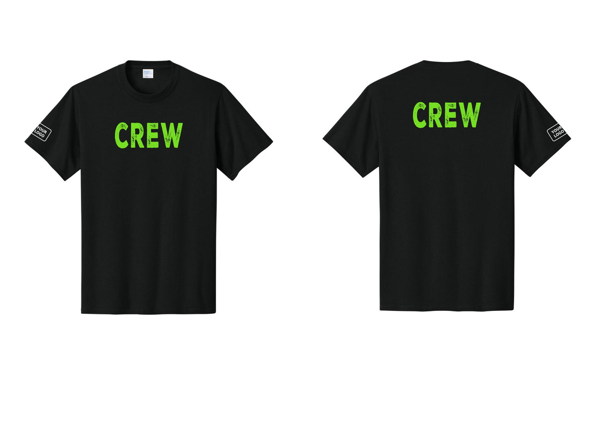 NYC Factory Custom Logo Crew T-Shirt, Rustic Lettering - Front + Back + Your Logo Sleeve - Black / Neon