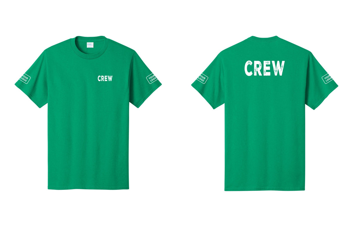 NYC Factory Custom Logo Crew T-Shirt, Rustic Lettering - Chest + Back + Your Logo Sleeves - Kelly