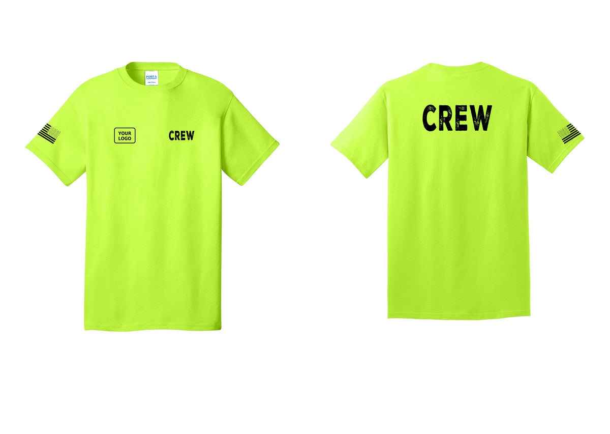NYC Factory Custom Logo Crew T-Shirt, Rustic Lettering - CREW + Your Logo + Back + US Flag Sleeve - Safety Green