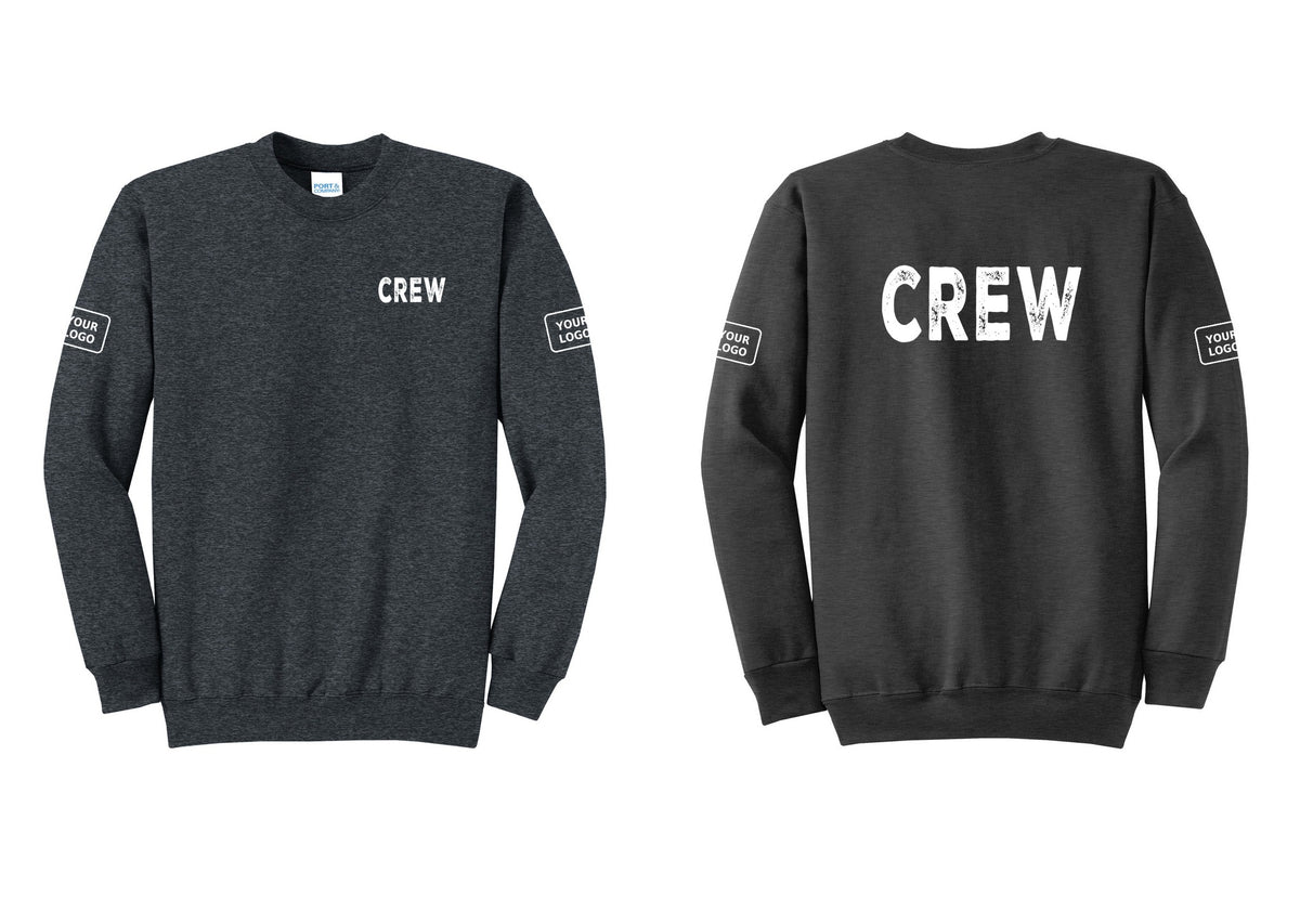 NYC Factory Custom Work Crew Uniform Cotton Fleece Crewneck Sweatshirt with Your Logo (Rustic) - Chest + Back + Your Logo Sleeves - Dark Heather Grey