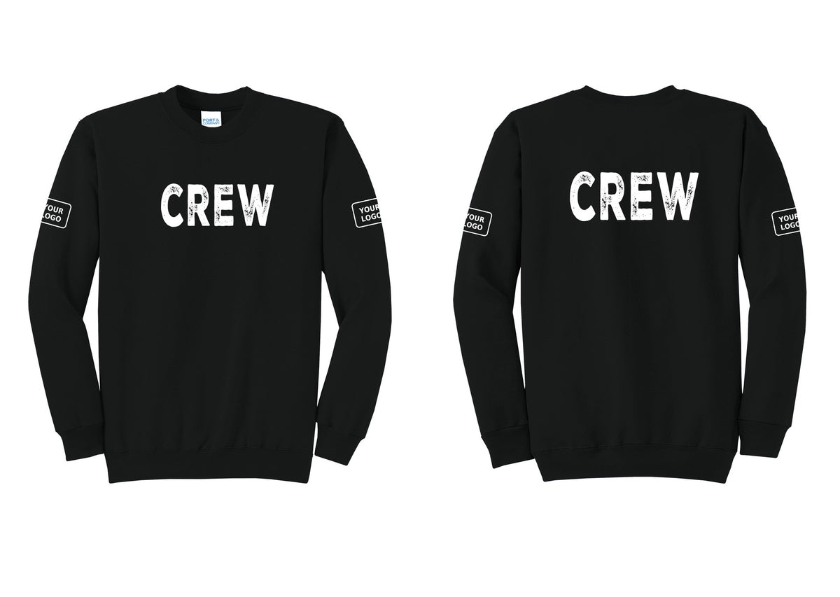 NYC Factory Custom Work Crew Uniform Cotton Fleece Crewneck Sweatshirt with Your Logo (Rustic) - Front + Back + Your Logo Sleeves - Black