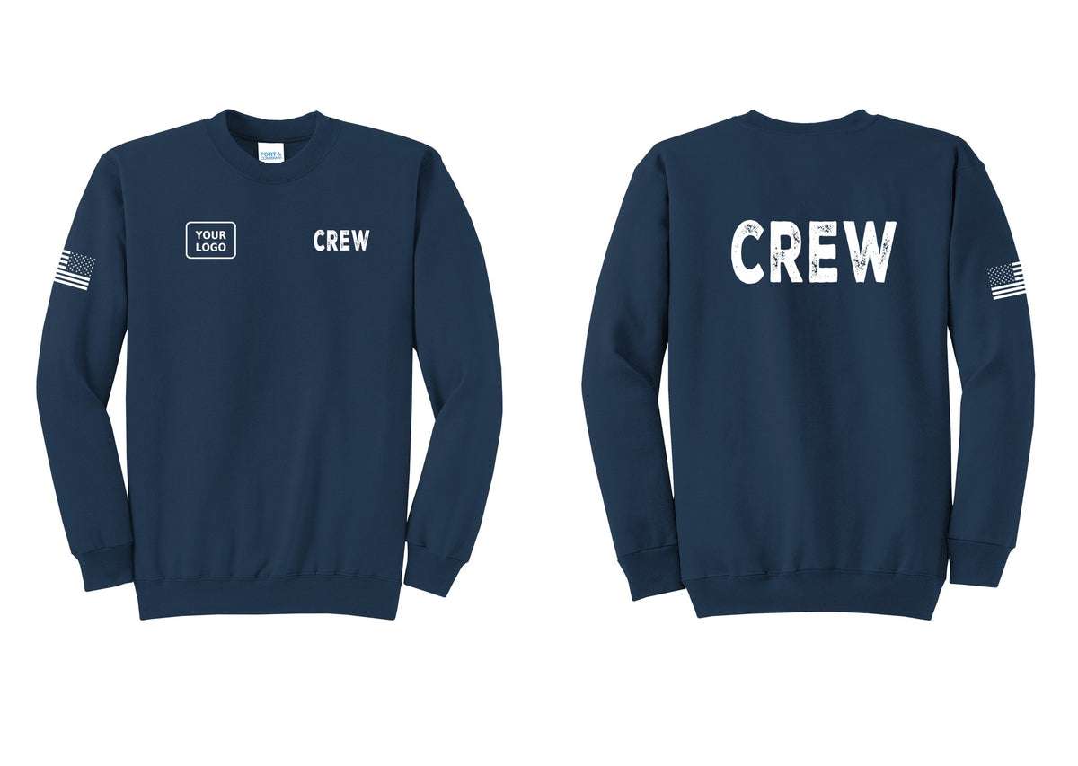 NYC Factory Custom Work Crew Uniform Cotton Fleece Crewneck Sweatshirt with Your Logo (Rustic) - CREW + Your Logo + Back + US Flag Sleeve - Navy