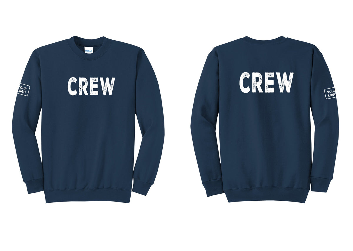 NYC Factory Custom Work Crew Uniform Cotton Fleece Crewneck Sweatshirt with Your Logo (Rustic) - Front + Back + Your Logo Sleeve - Navy