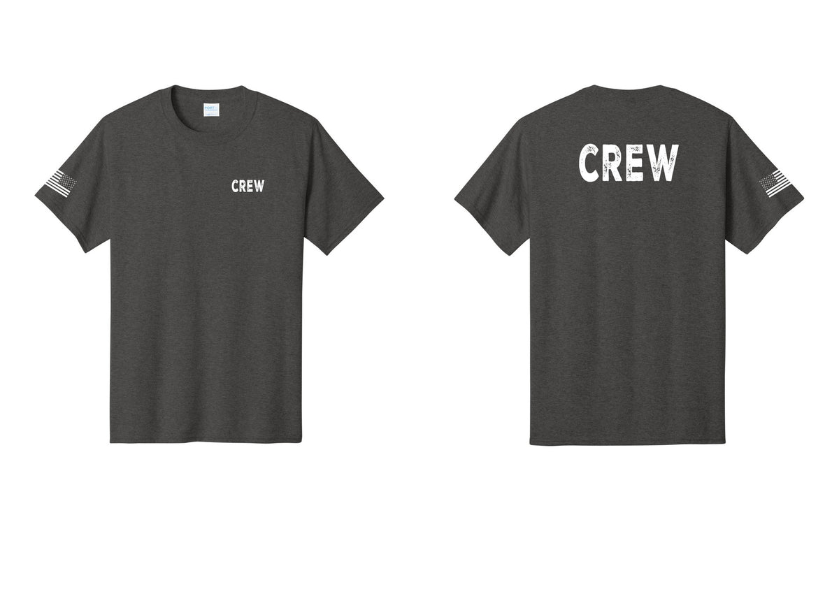 NYC Factory Crew T-Shirt for Event Staff & Production Teams (Rustic) - Chest + Back + US Flag Sleeve - Dark Heather Grey