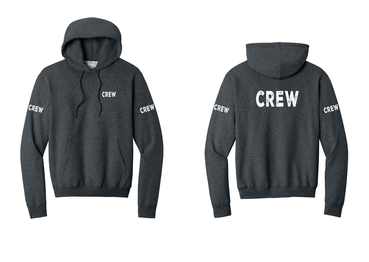NYC Factory Crew Cotton Fleece Pullover Hoodie for Event Staff & Production Teams (Rustic) - Chest + Back + Crew Sleeves - Dark Heather Grey