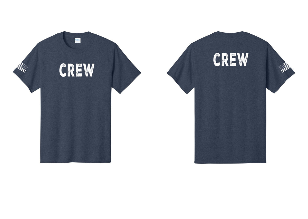 NYC Factory Crew T-Shirt, Rustic Lettering - Front + Back + US Flag Sleeve - Heather Navy