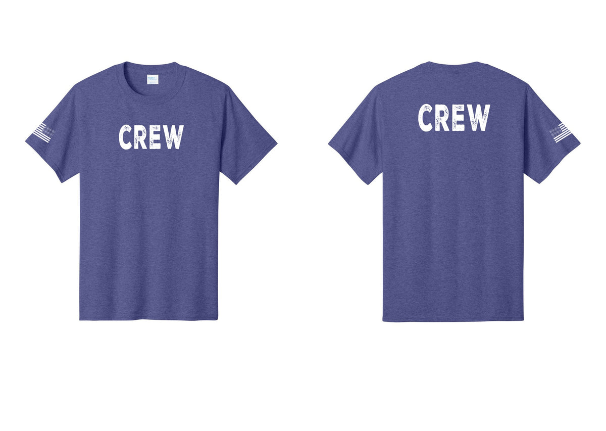 NYC Factory Crew T-Shirt for Event Staff & Production Teams (Rustic) - Front + Back + US Flag Sleeve - Heather Purple