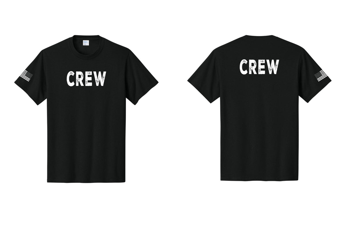 NYC Factory Crew T-Shirt, Rustic Lettering - Front + Back + US Flag Sleeve - Black