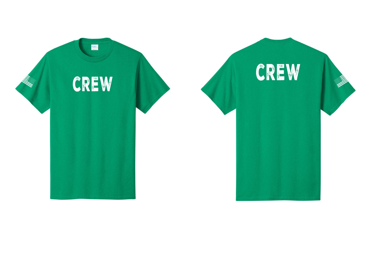 NYC Factory Crew T-Shirt for Event Staff & Production Teams (Rustic) - Front + Back + US Flag Sleeve - Kelly