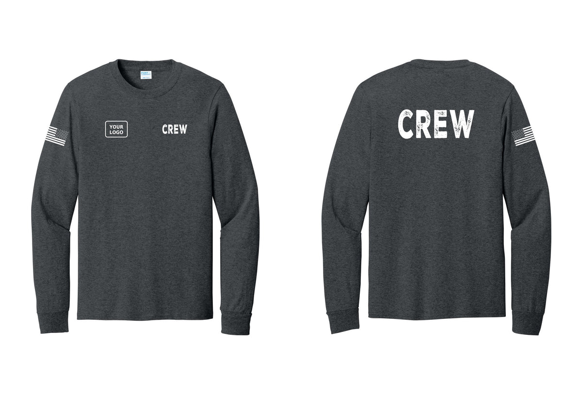 NYC Factory Custom Work Crew Uniform Cotton Long Sleeve Tee with Your Logo (Rustic) - CREW + Your Logo + Back + US Flag Sleeve - Dark Heather Grey