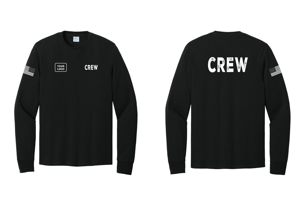 NYC Factory Custom Work Crew Uniform Cotton Long Sleeve Tee with Your Logo (Rustic) - CREW + Your Logo + Back + US Flag Sleeve - Black