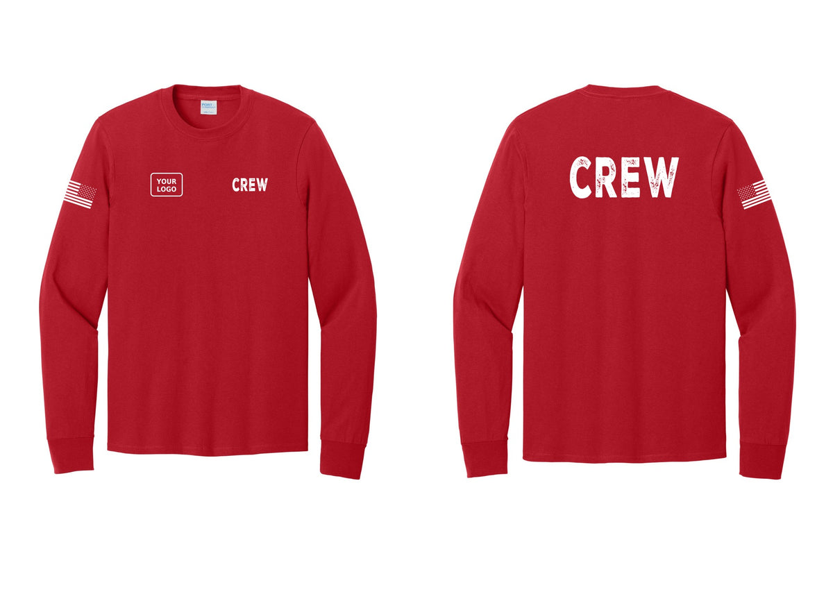 NYC Factory Custom Work Crew Uniform Cotton Long Sleeve Tee with Your Logo (Rustic) - CREW + Your Logo + Back + US Flag Sleeve - Red
