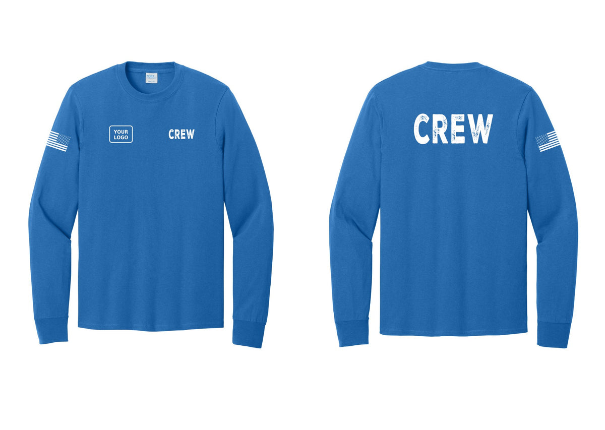 NYC Factory Custom Work Crew Uniform Cotton Long Sleeve Tee with Your Logo (Rustic) - CREW + Your Logo + Back + US Flag Sleeve - Royal