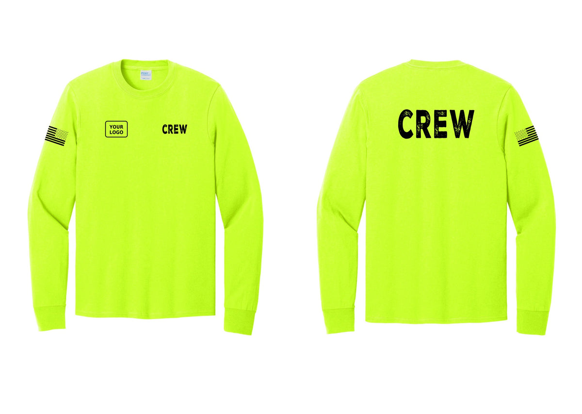 NYC Factory Custom Work Crew Uniform Cotton Long Sleeve Tee with Your Logo (Rustic) - CREW + Your Logo + Back + US Flag Sleeve - Safety Green