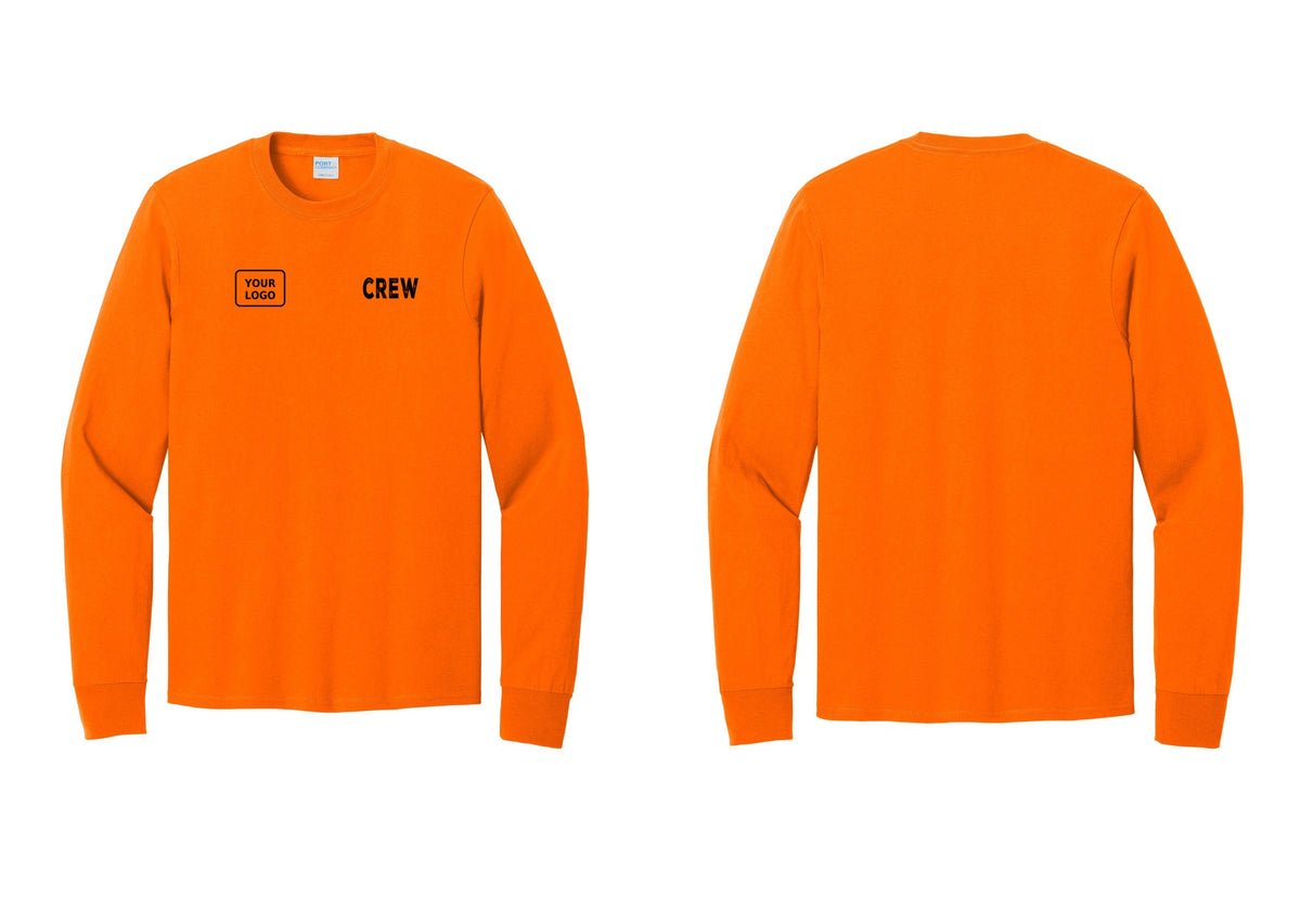 NYC Factory Custom Work Crew Uniform Cotton Long Sleeve Tee with Your Logo (Rustic) - CREW + Your Logo - Safety Orange