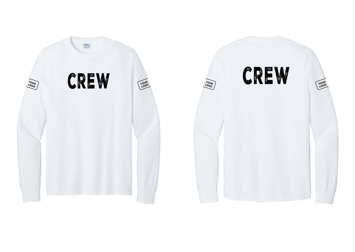 NYC Factory Custom Work Crew Uniform Cotton Long Sleeve Tee with Your Logo (Rustic) - Front + Back + Your Logo Sleeves - White
