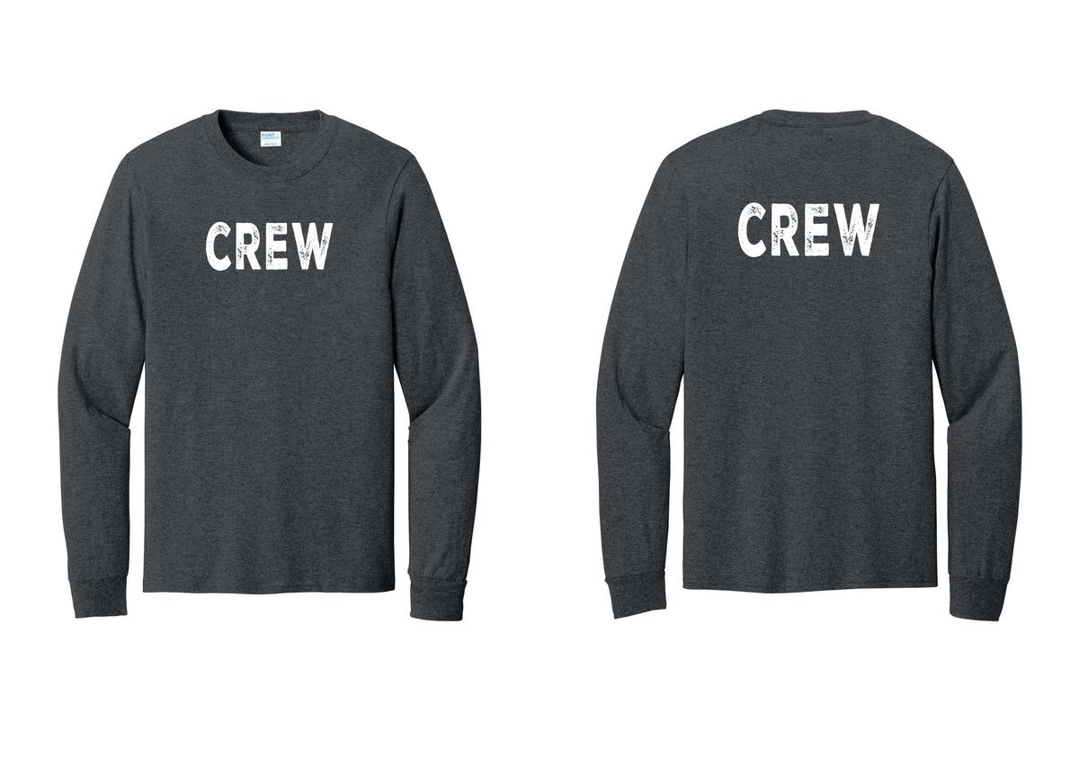NYC Factory Crew Cotton Long Sleeve T-Shirt for Event Staff & Production Teams (Rustic) - Front + Back - Dark Heather Grey