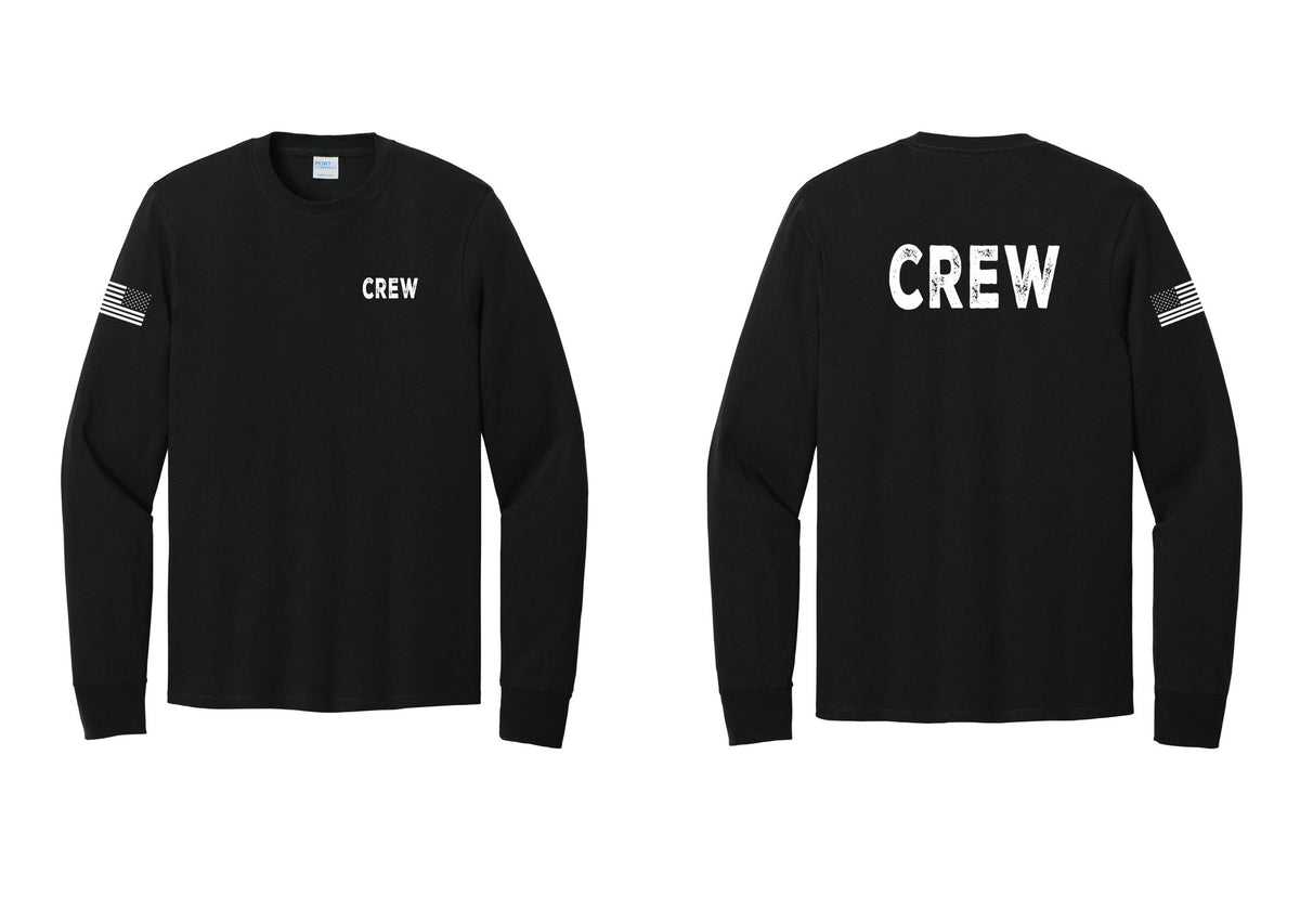 NYC Factory Crew Cotton Long Sleeve T-Shirt for Event Staff & Production Teams (Rustic) - Chest + Back + US Flag Sleeve - Black