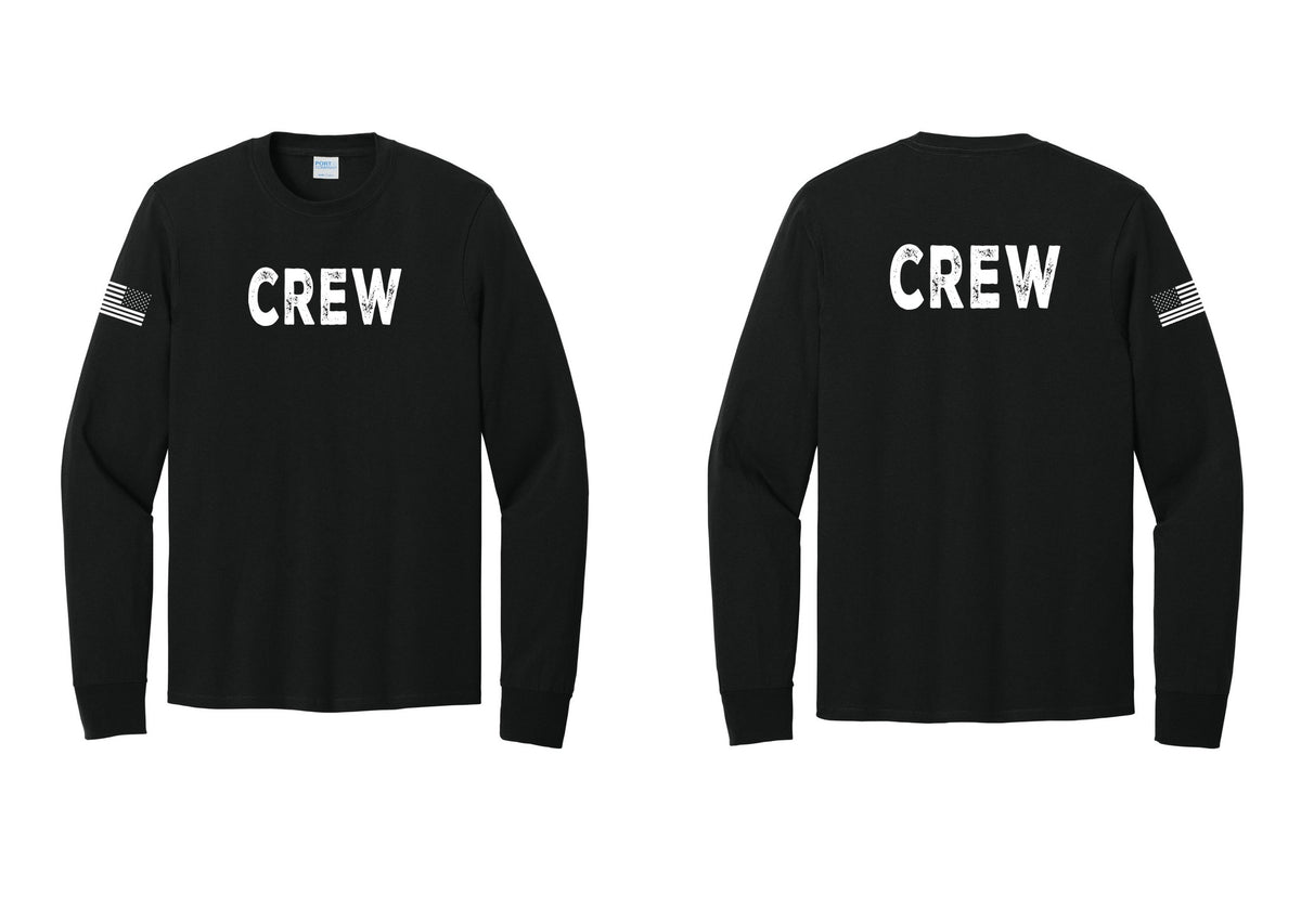 NYC Factory Crew Cotton Long Sleeve T-Shirt for Event Staff & Production Teams (Rustic) - Front + Back + US Flag Sleeve - Black