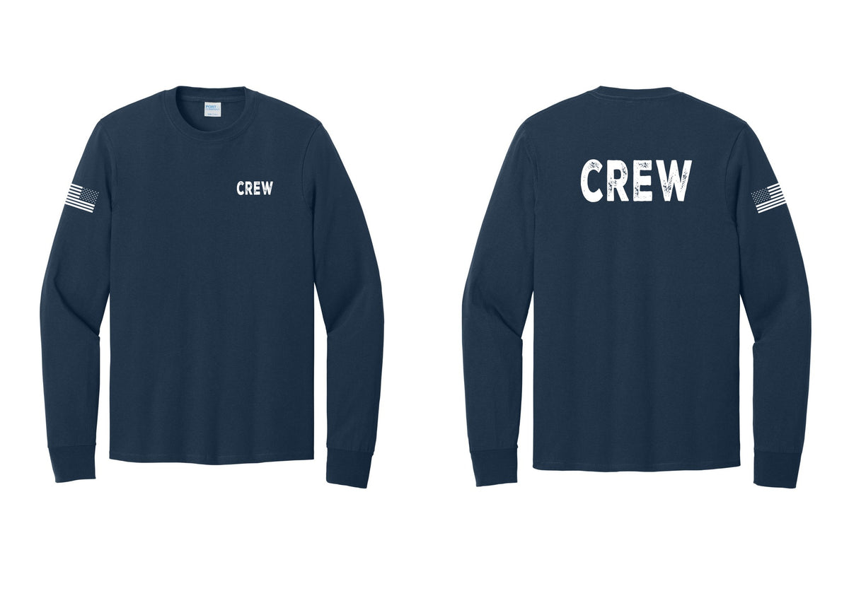 NYC Factory Crew Cotton Long Sleeve T-Shirt for Event Staff & Production Teams (Rustic) - Chest + Back + US Flag Sleeve - Navy