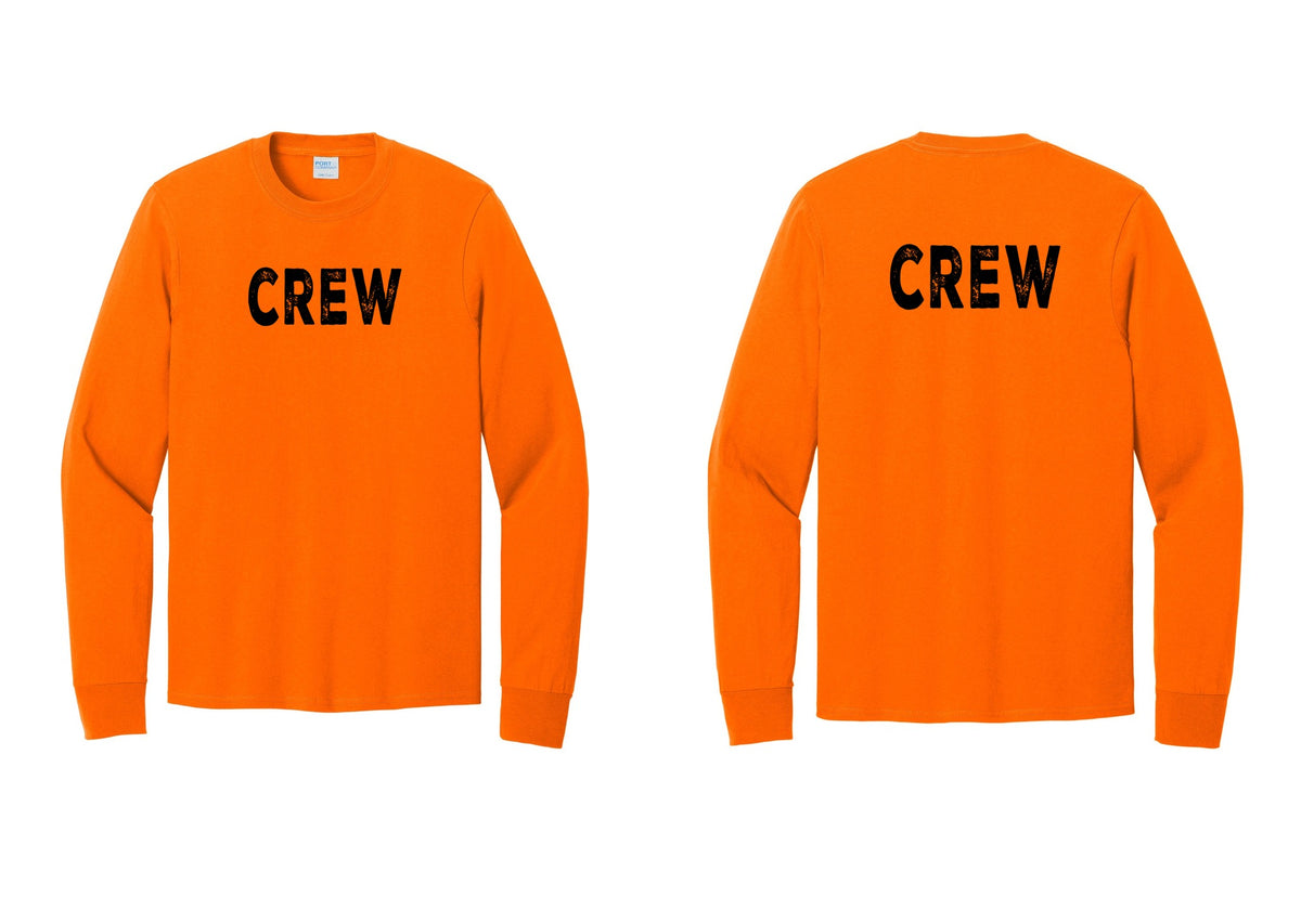 NYC Factory Crew Cotton Long Sleeve T-Shirt for Event Staff & Production Teams (Rustic) - Front + Back - Safety Orange