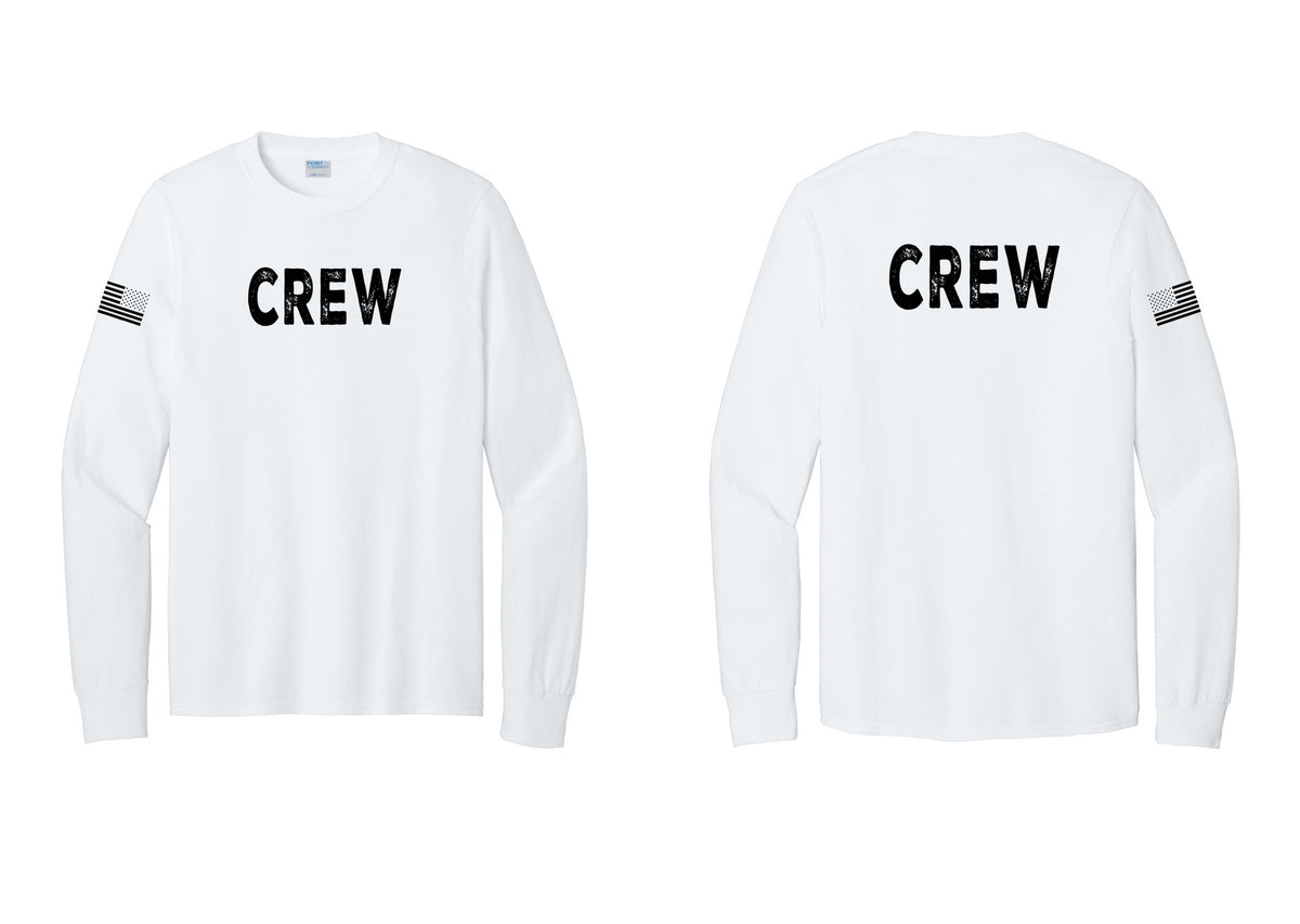 NYC Factory Crew Cotton Long Sleeve T-Shirt for Event Staff & Production Teams (Rustic) - Front + Back + US Flag Sleeve - White