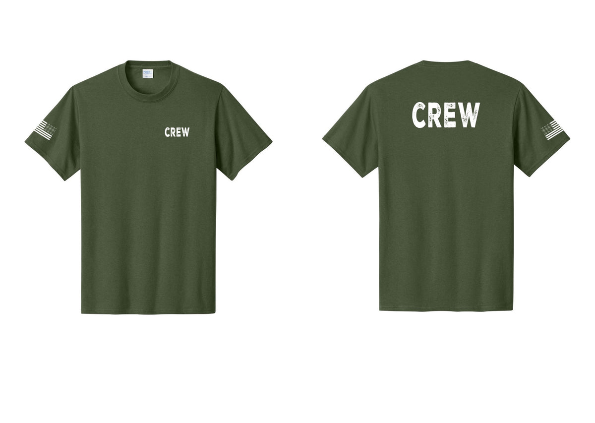 NYC Factory Crew T-Shirt, Rustic Lettering - Chest + Back + US Flag Sleeve - Olive