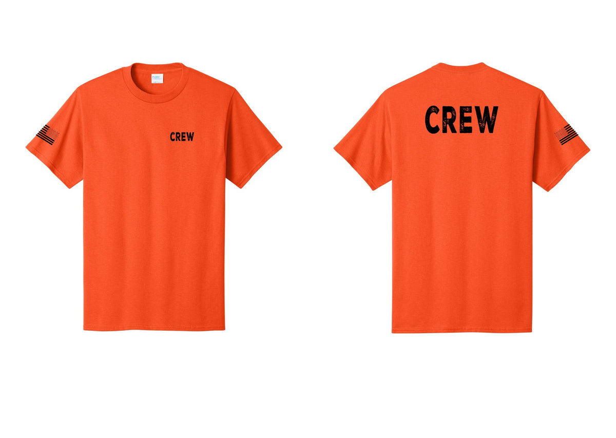 NYC Factory Crew T-Shirt for Event Staff & Production Teams (Rustic) - Chest + Back + US Flag Sleeve - Orange
