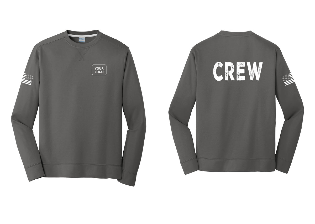 NYC Factory Custom Work Crew Uniform Performance Fleece Crewneck Sweatshirt with Your Logo (Rustic) - Your Logo + Back + US Flag Sleeve - Charcoal