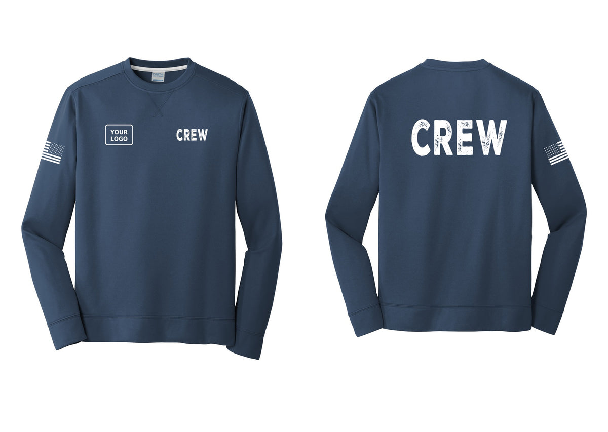 NYC Factory Custom Work Crew Uniform Performance Fleece Crewneck Sweatshirt with Your Logo (Rustic) - CREW + Your Logo + Back + US Flag Sleeve - Navy