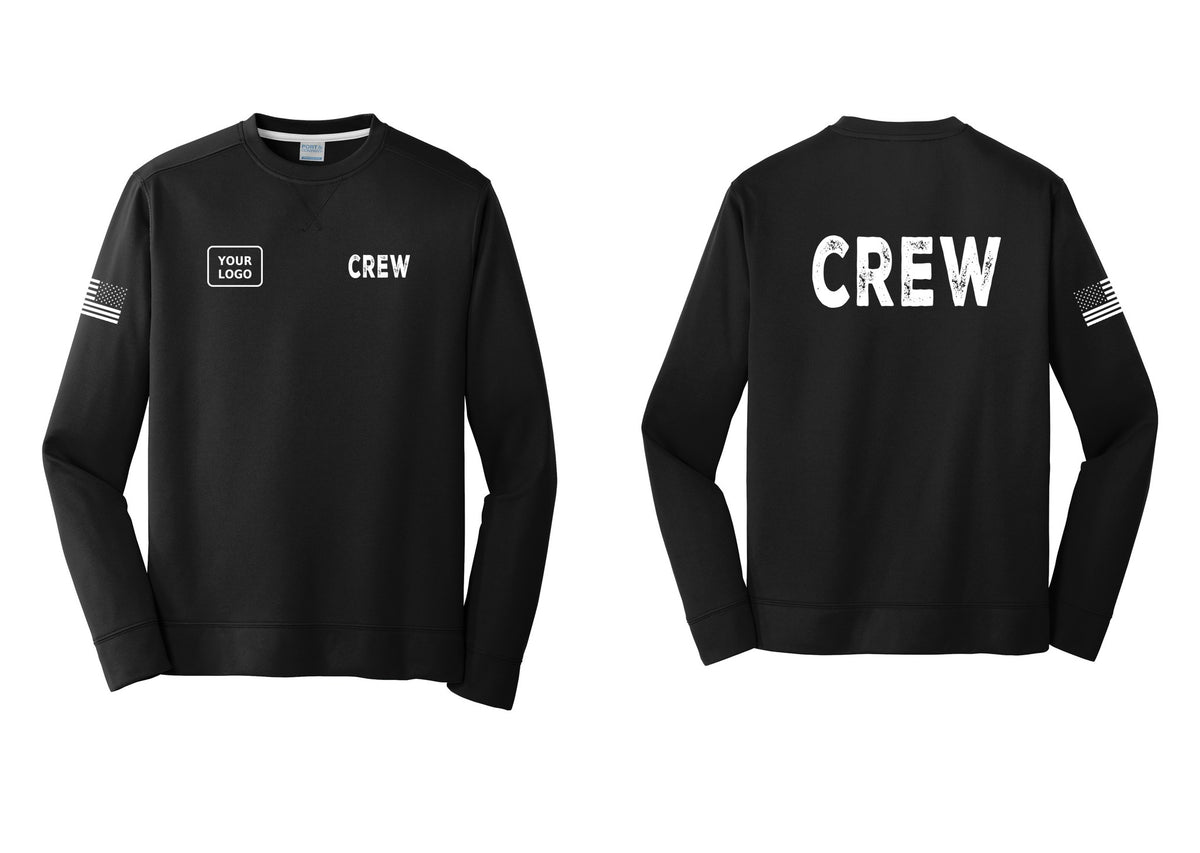 NYC Factory Custom Work Crew Uniform Performance Fleece Crewneck Sweatshirt with Your Logo (Rustic) - CREW + Your Logo + Back + US Flag Sleeve - Black