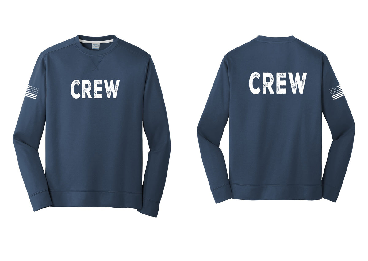 NYC Factory Crew Performance Fleece Crewneck Sweatshirt for Event Staff & Production Teams (Rustic) - Front + Back + US Flag Sleeve - Navy